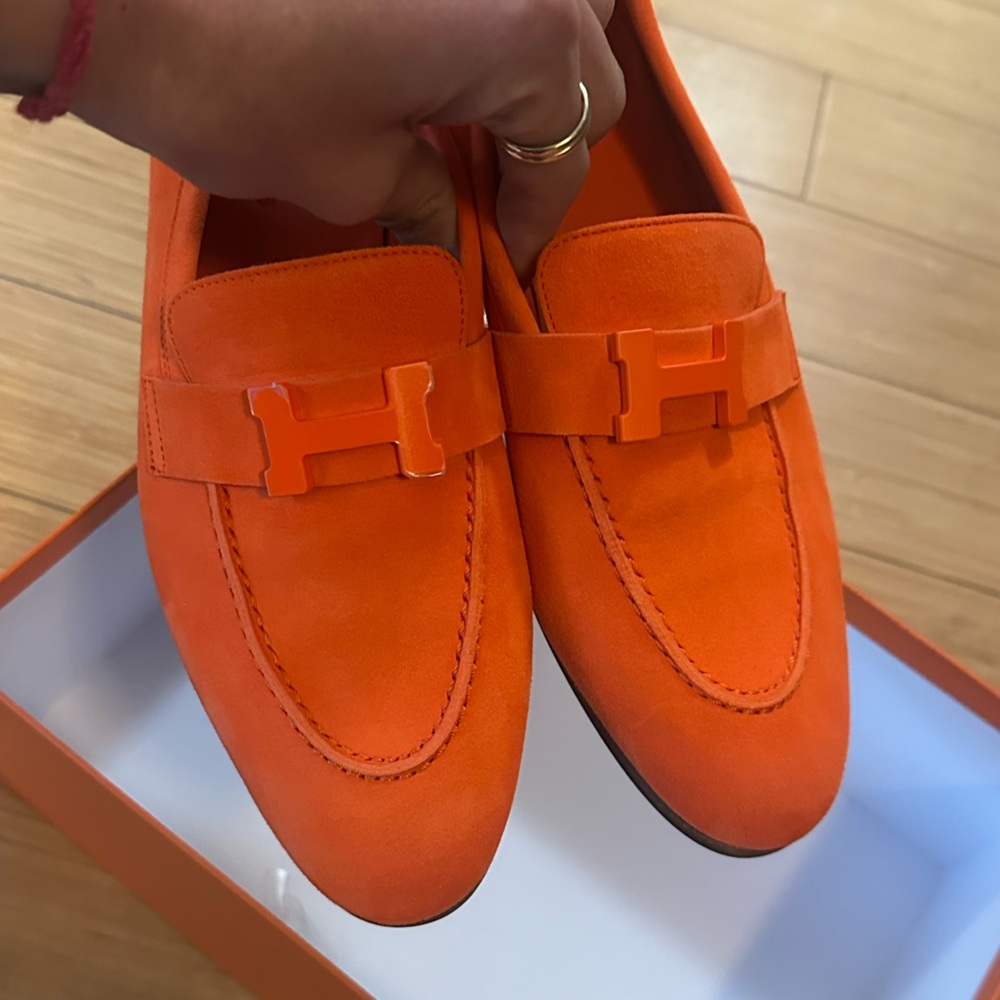 Hermes Orange Suede Moccasin Loafers - Picture 7 of 8